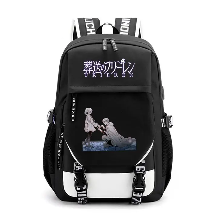 Mochila de gran capacidad con USB de Frieren — diseño 8 en negro (Sageam)