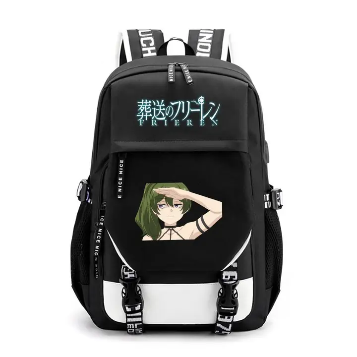 Mochila de gran capacidad con USB de Frieren — diseño 9 en negro (Sageam)