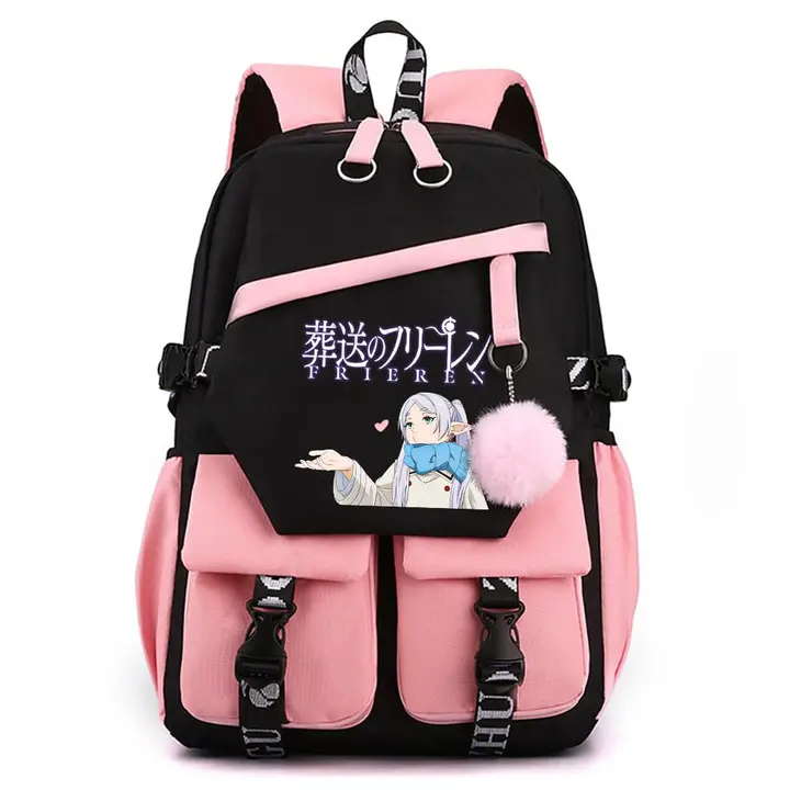 Mochila para portátil con USB y pompón de Frieren — diseño 1 en rosa (Sageam)
