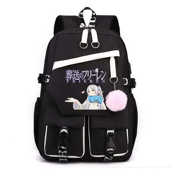 Mochila para portátil con USB y pompón de Frieren — diseño 1 en negro (Sageam)
