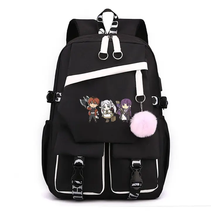 Mochila para portátil con USB y pompón de Frieren — diseño 10 en negro (Sageam)