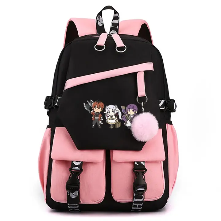 Mochila para portátil con USB y pompón de Frieren — diseño 10 en rosa (Sageam)