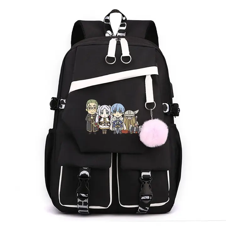 Mochila para portátil con USB y pompón de Frieren — diseño 11 en negro (Sageam)