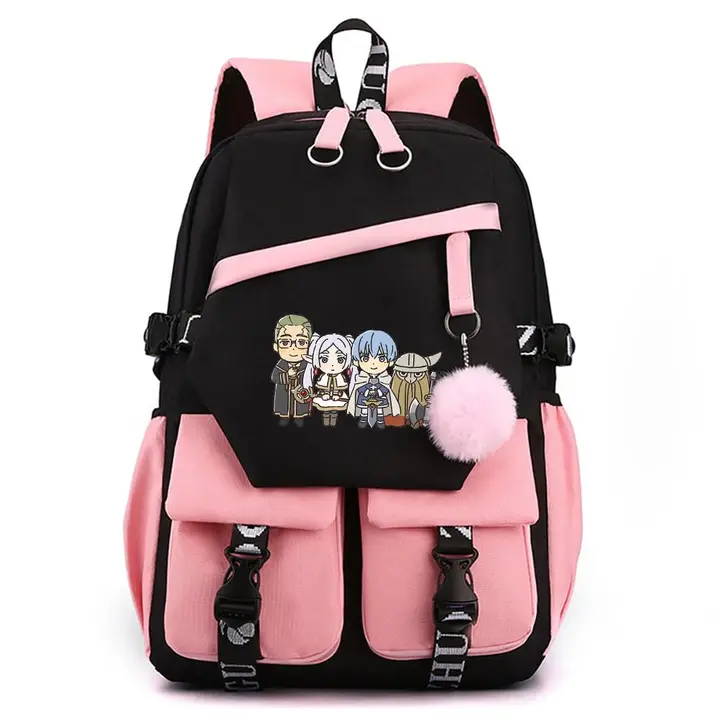 Mochila para portátil con USB y pompón de Frieren — diseño 11 en rosa (Sageam)