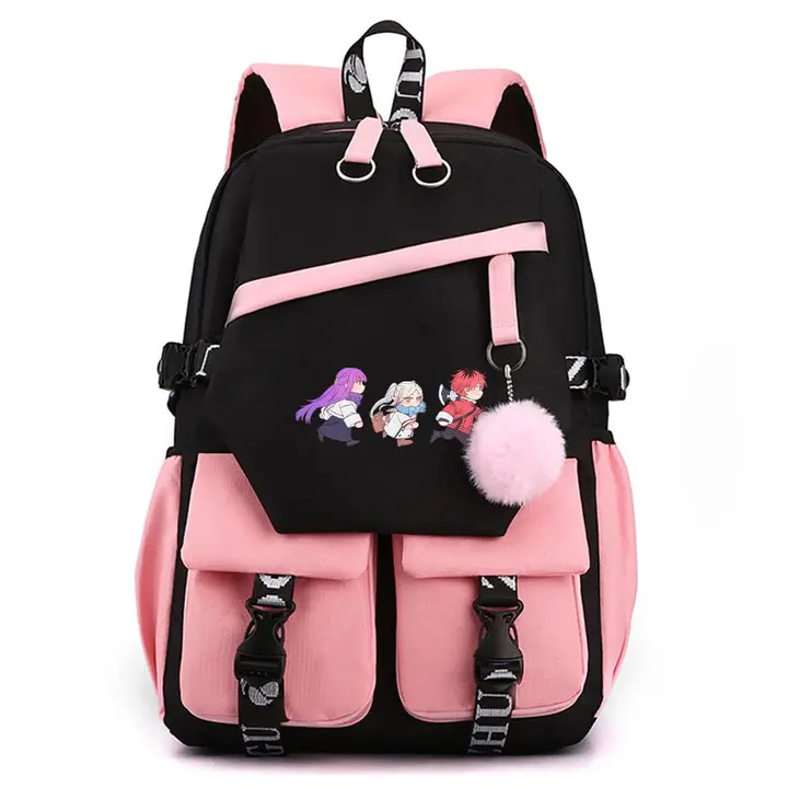 Mochila para portátil con USB y pompón de Frieren — diseño 12 en rosa (Sageam)