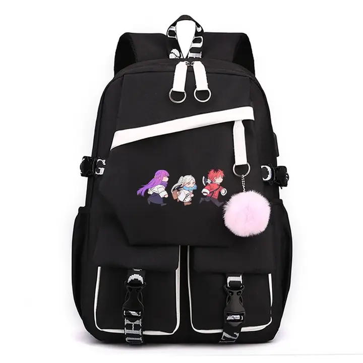 Mochila para portátil con USB y pompón de Frieren — diseño 12 en negro (Sageam)