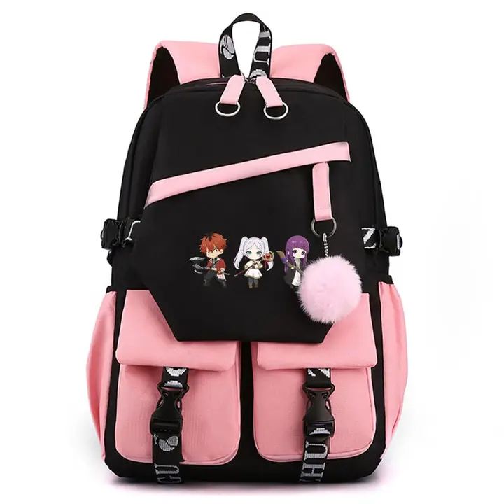 Mochila para portátil con USB y pompón de Frieren — diseño 13 en rosa (Sageam)