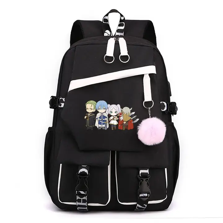Mochila para portátil con USB y pompón de Frieren — diseño 14 en negro (Sageam)