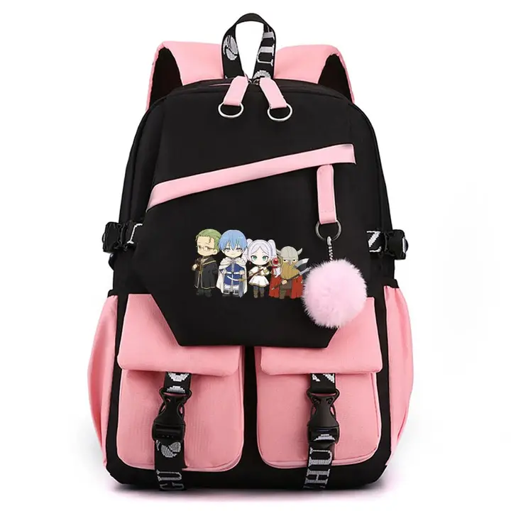 Mochila para portátil con USB y pompón de Frieren — diseño 14 en rosa (Sageam)