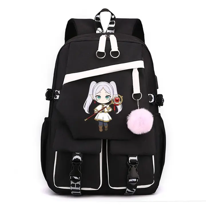 Mochila para portátil con USB y pompón de Frieren — diseño 15 en negro (Sageam)