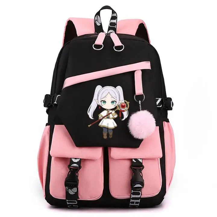 Mochila para portátil con USB y pompón de Frieren — diseño 15 en rosa (Sageam)