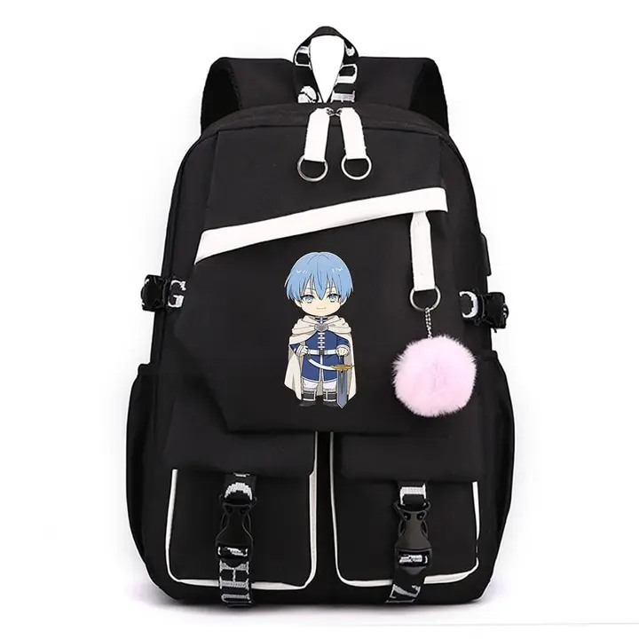 Mochila para portátil con USB y pompón de Frieren — diseño 16 en negro (Sageam)