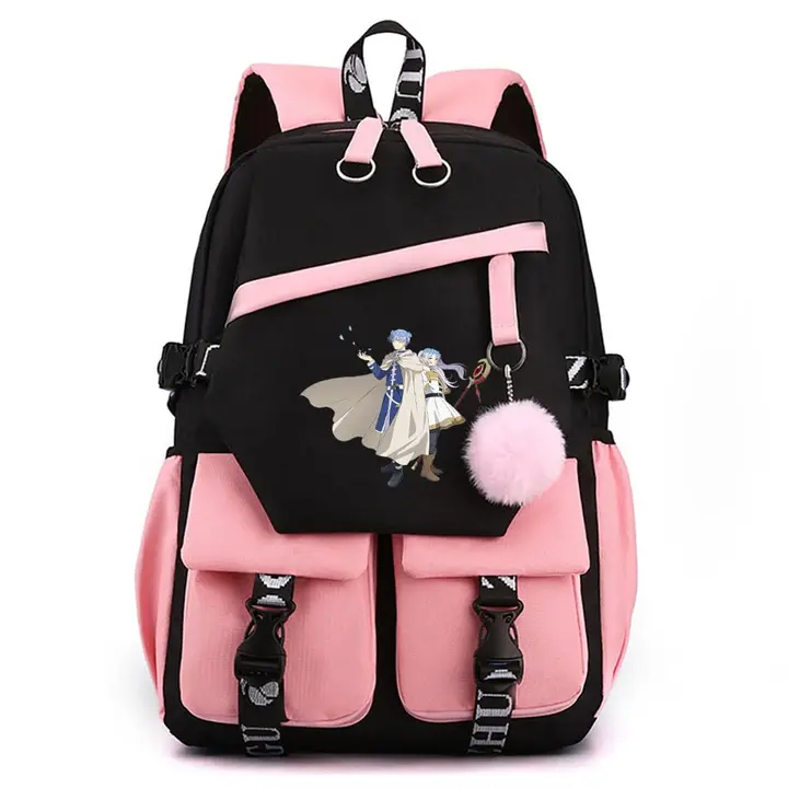 Mochila para portátil con USB y pompón de Frieren — diseño 2 en rosa (Sageam)