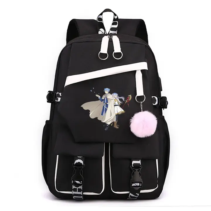Mochila para portátil con USB y pompón de Frieren — diseño 2 en negro (Sageam)