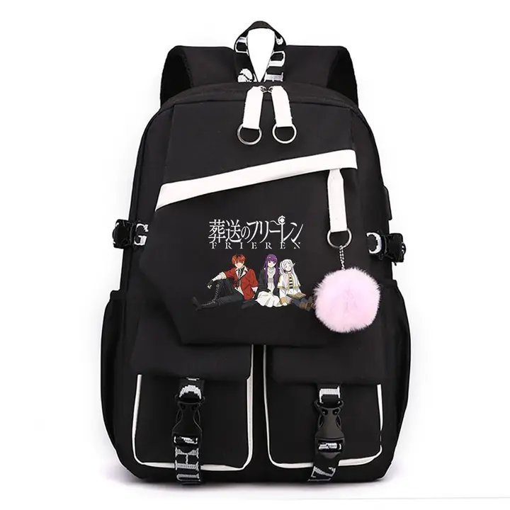 Mochila para portátil con USB y pompón de Frieren — diseño 3 en negro (Sageam)