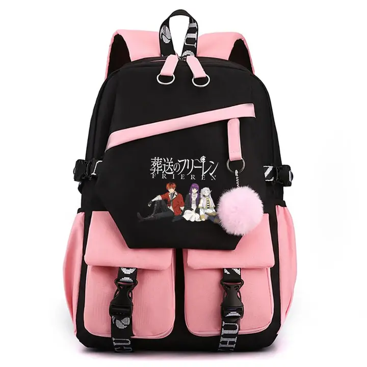 Mochila para portátil con USB y pompón de Frieren — diseño 3 en rosa (Sageam)