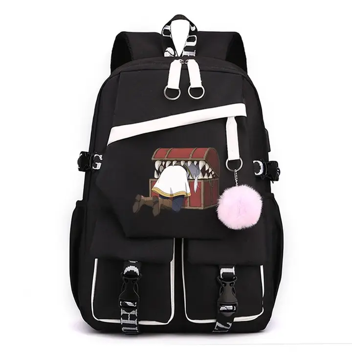 Mochila para portátil con USB y pompón de Frieren — diseño 4 en negro (Sageam)