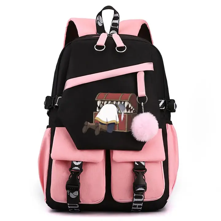 Mochila para portátil con USB y pompón de Frieren — diseño 4 en rosa (Sageam)