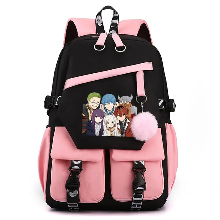 Mochila para portátil con USB y pompón de Frieren — diseño 5 en rosa (Sageam)