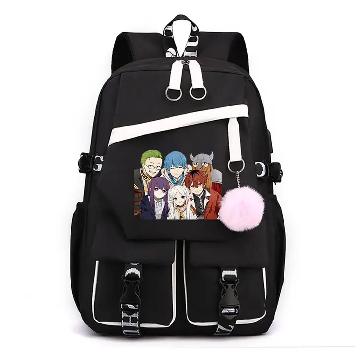 Mochila para portátil con USB y pompón de Frieren — diseño 5 en negro (Sageam)