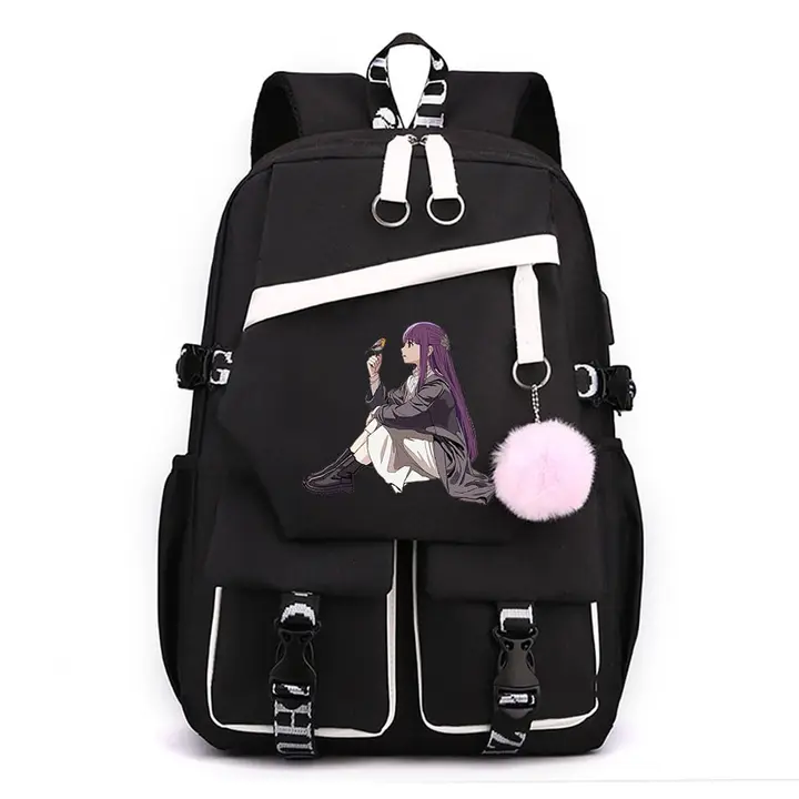 Mochila para portátil con USB y pompón de Frieren — diseño 7 en negro (Sageam)