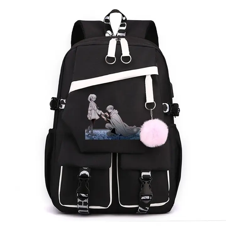 Mochila para portátil con USB y pompón de Frieren — diseño 8 en negro (Sageam)