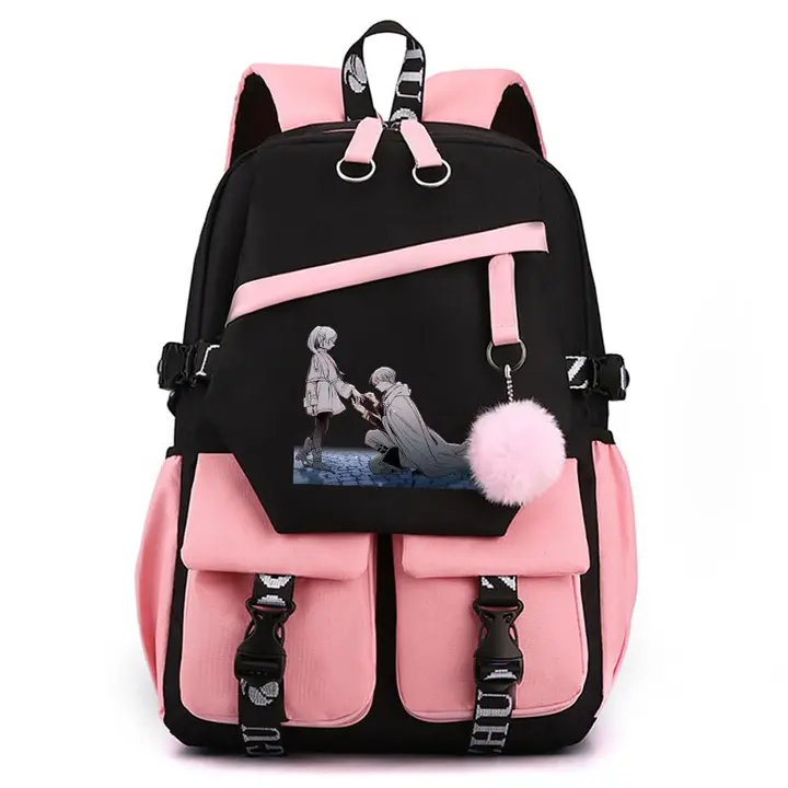 Mochila para portátil con USB y pompón de Frieren — diseño 8 en rosa (Sageam)