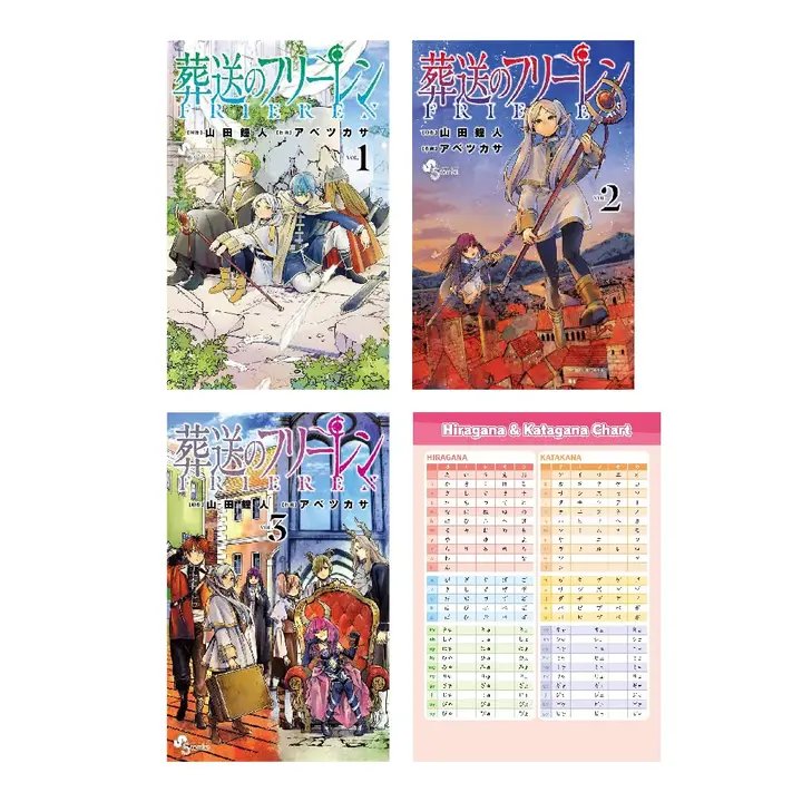 Pack del manga de Frieren tomos 1-3 en japonés con tabla de hiragana