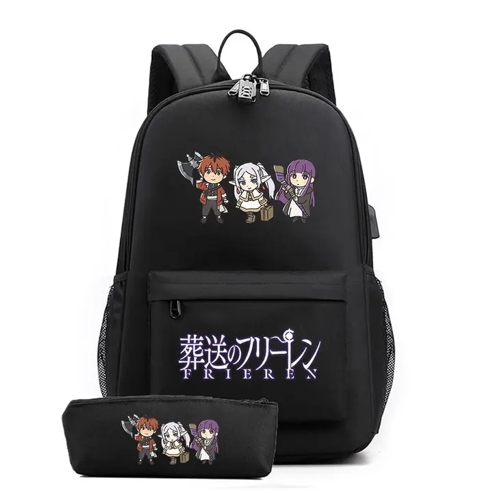 Set de mochila con USB y estuche de Frieren — diseño 10 en negro (Sageam)
