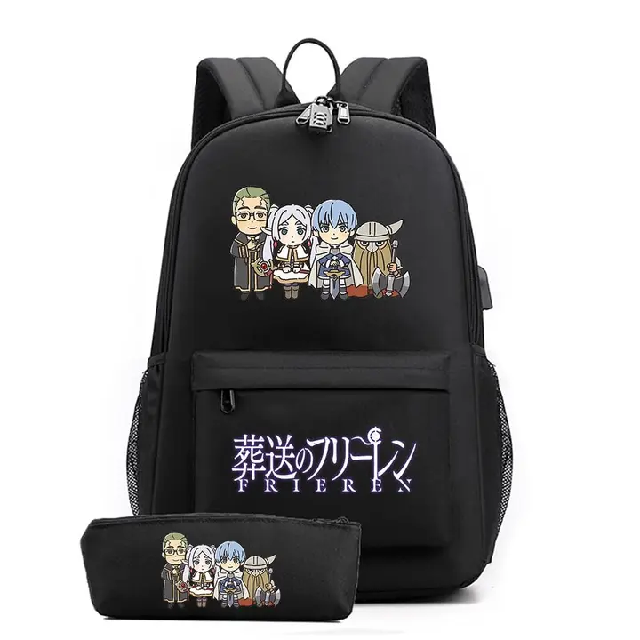 Set de mochila con USB y estuche de Frieren — diseño 11 en negro (Sageam)