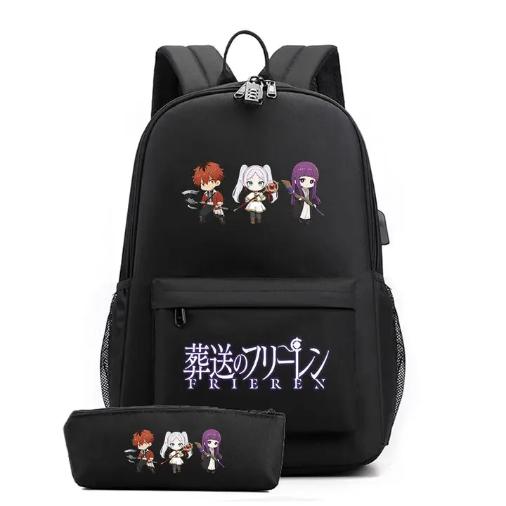 Set de mochila con USB y estuche de Frieren — diseño 13 en negro (Sageam)