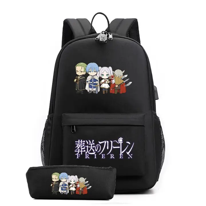 Set de mochila con USB y estuche de Frieren — diseño 14 en negro (Sageam)