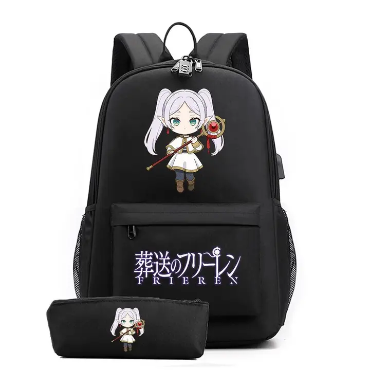 Set de mochila con USB y estuche de Frieren — diseño 15 en negro (Sageam)