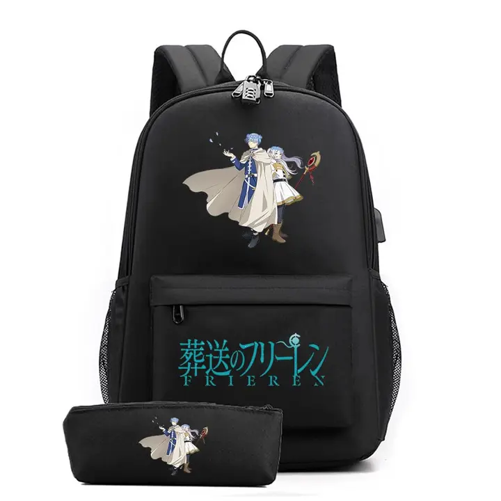 Set de mochila con USB y estuche de Frieren — diseño 2 en negro (Sageam)