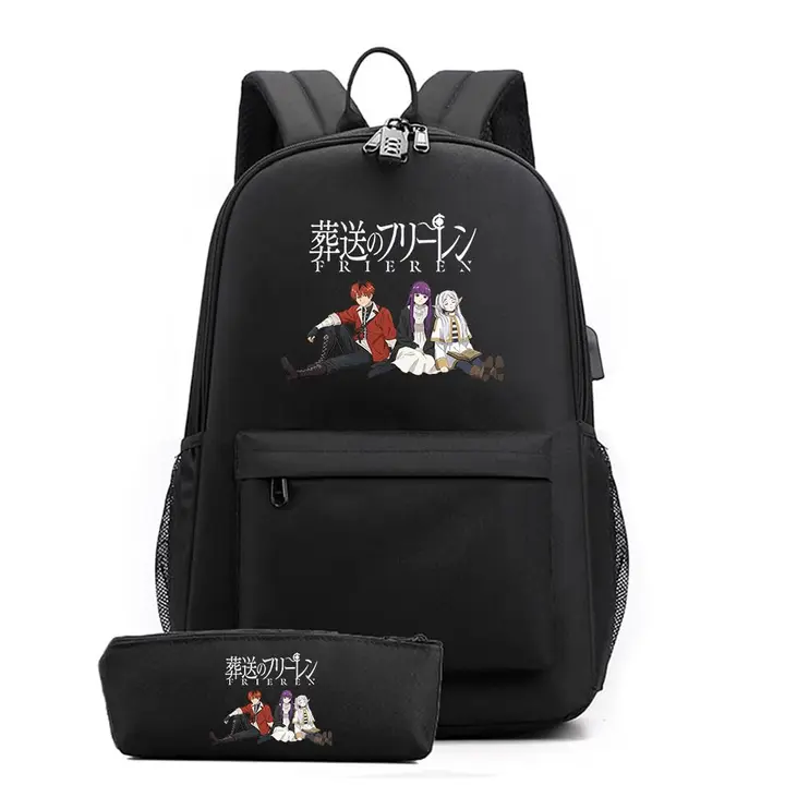 Set de mochila con USB y estuche de Frieren — diseño 3 en negro (Sageam)