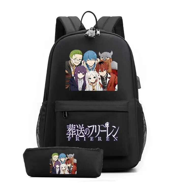 Set de mochila con USB y estuche de Frieren — diseño 5 en negro (Sageam)