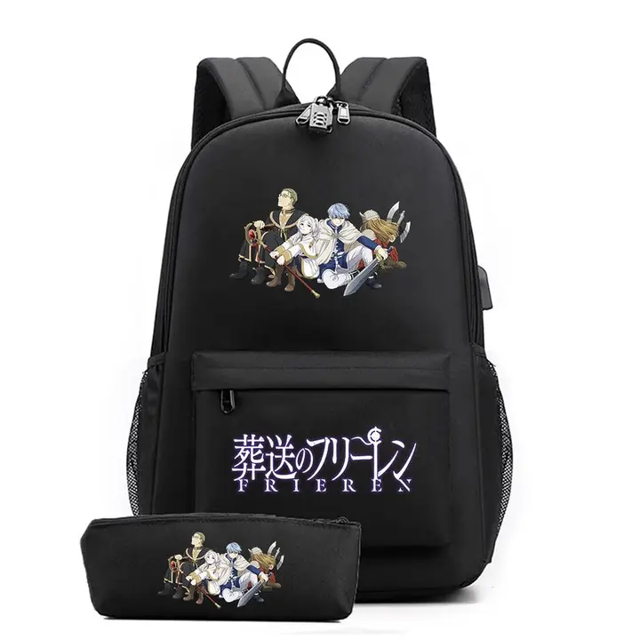 Set de mochila con USB y estuche de Frieren — diseño 6 en negro (Sageam)