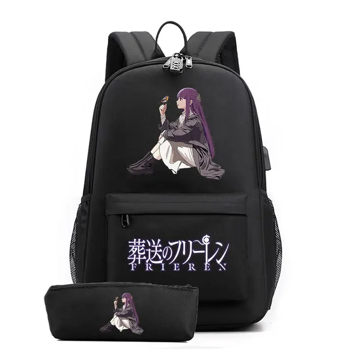 Set de mochila con USB y estuche de Frieren — diseño 7 en negro (Sageam)