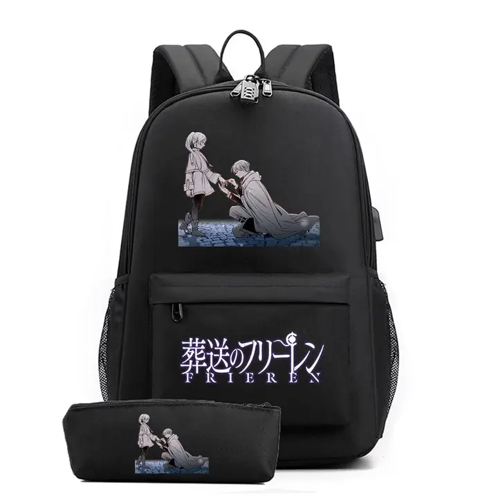 Set de mochila con USB y estuche de Frieren — diseño 8 en negro (Sageam)