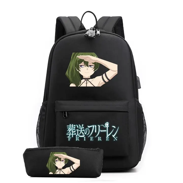 Set de mochila con USB y estuche de Frieren — diseño 9 en negro (Sageam)