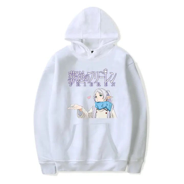 Sudadera blanca con capucha de Frieren y logo japonés (sin licencia)