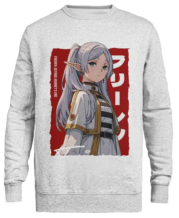 Sudadera de cuello redondo gris unisex «Frieren Beyond Journeys» (Kwantees)