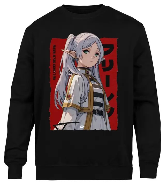 Sudadera de cuello redondo negra unisex «Frieren Beyond Journeys» (Kwantees)