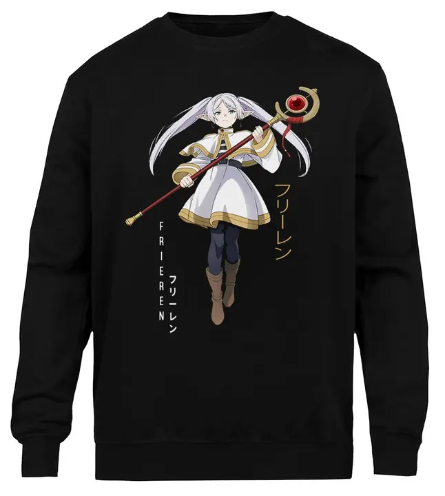 Sudadera de cuello redondo negra unisex «Sousou no Frieren» (Kwantees)